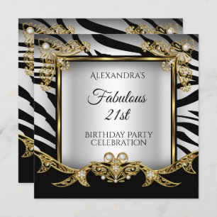 Invitation Fabuleux Black White Zebra Gold 21e anniversaire
