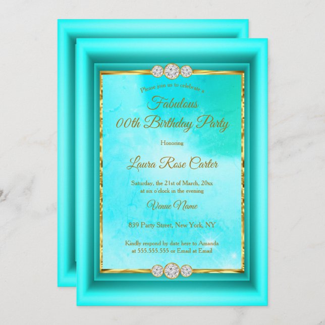 Invitation Fabuleux bleu turquoise Gold photo Anniversaire (Devant / Derrière)