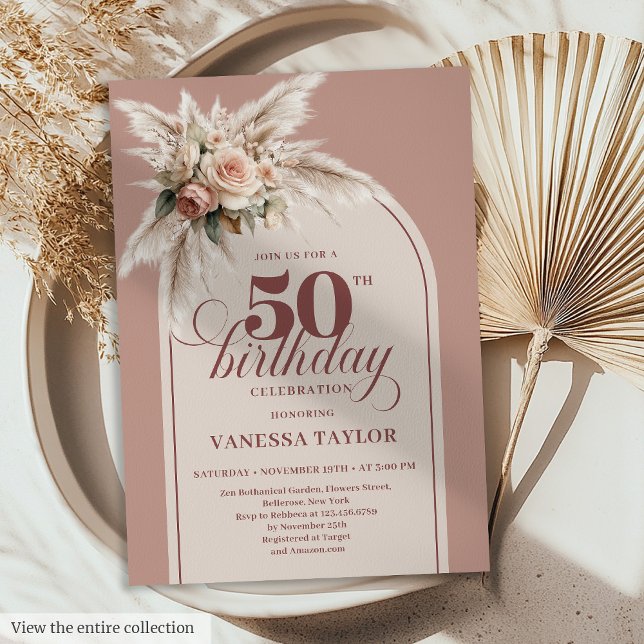 Invitation Fabuleux Boho Rose Poussiéreux Pampas Floral Cinqu (Fabulous Boho Dusty Pink Pampas Floral Fifty Birthday)
