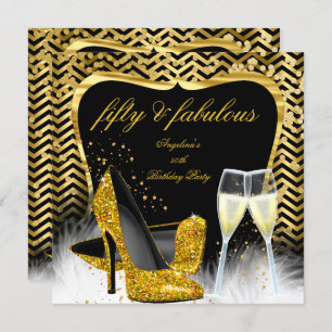 Invitation Fabuleux Champagne 50 Party Black Gold Chevron Cha