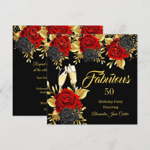Invitation Fabuleux Champagne d'anniversaire Rouge Noir Rose