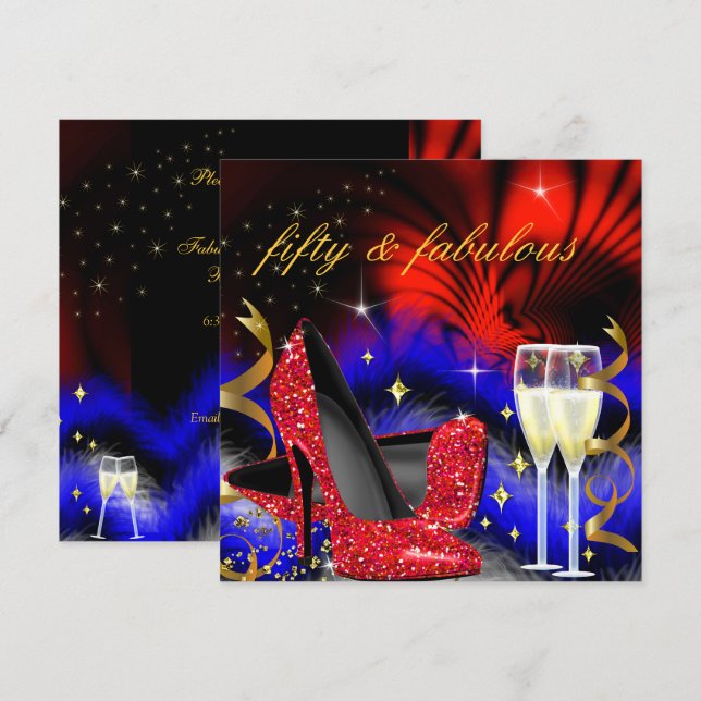 Invitation Fabuleux cinquante talons hauts bleu roi rouge or (Devant / Derrière)
