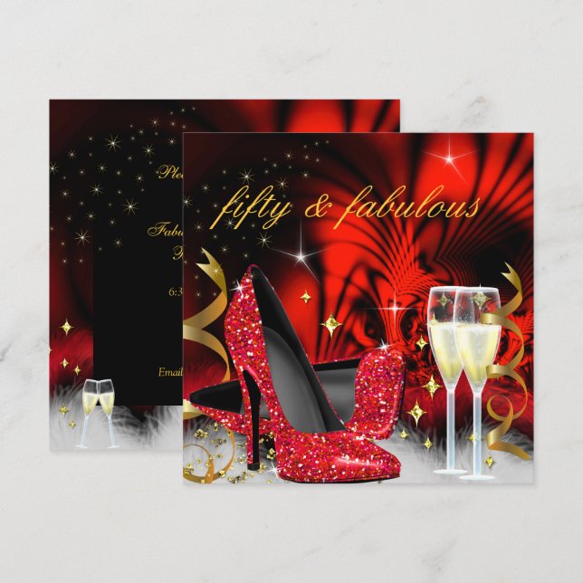 Invitation Fabuléux cinquante Talons Hauts Noir Rouge Or Fête (Devant / Derrière)
