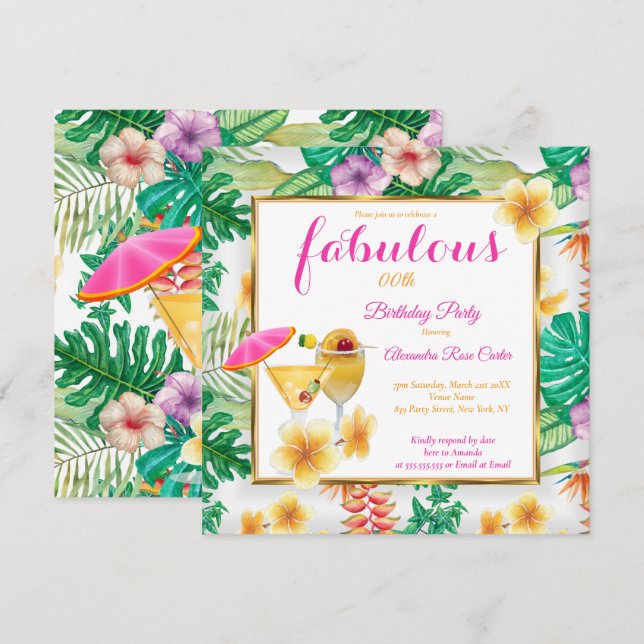 Invitation Fabuleux Cocktails tropicaux Fleurs (Devant / Derrière)