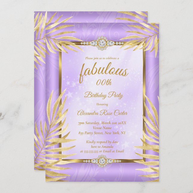 Invitation Fabuleux diamant violet Gold Palms Party (Devant / Derrière)