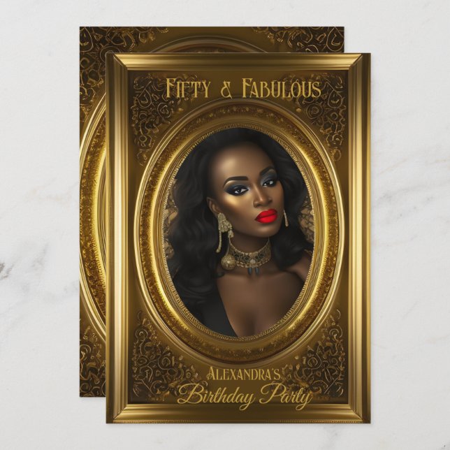 Invitation Fabuleux Elégant Photo Anniversaire Fête Vieux Or (Devant / Derrière)