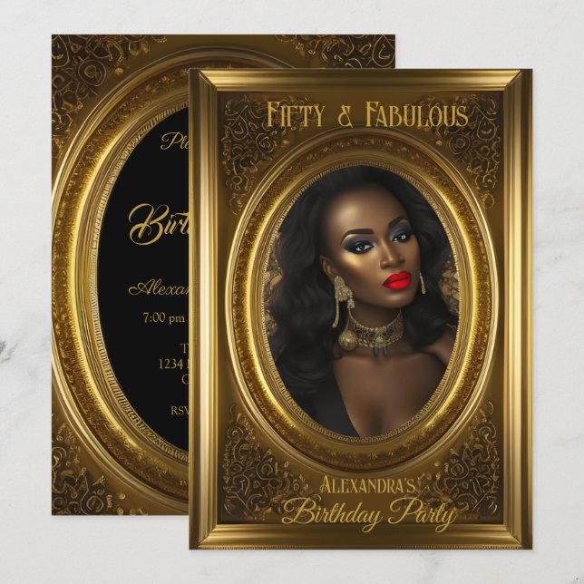 Invitation Fabuleux Elégant Photo Anniversaire Fête Vieux Or (Devant / Derrière)