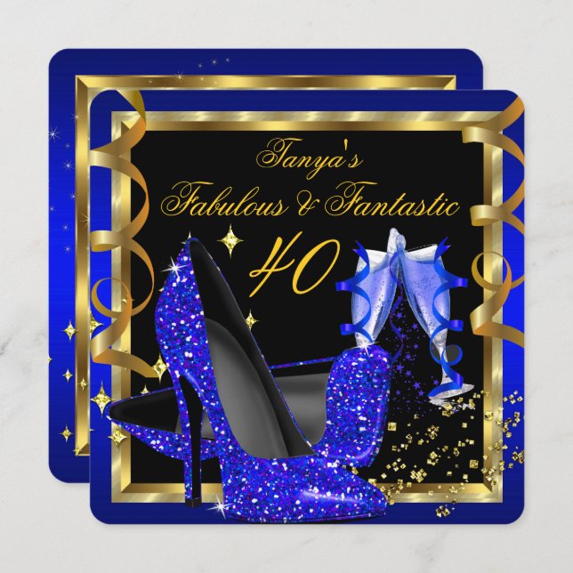 Invitation Fabuleux Fantastic Moderne Royal Blue Black Gold (Devant / Derrière)