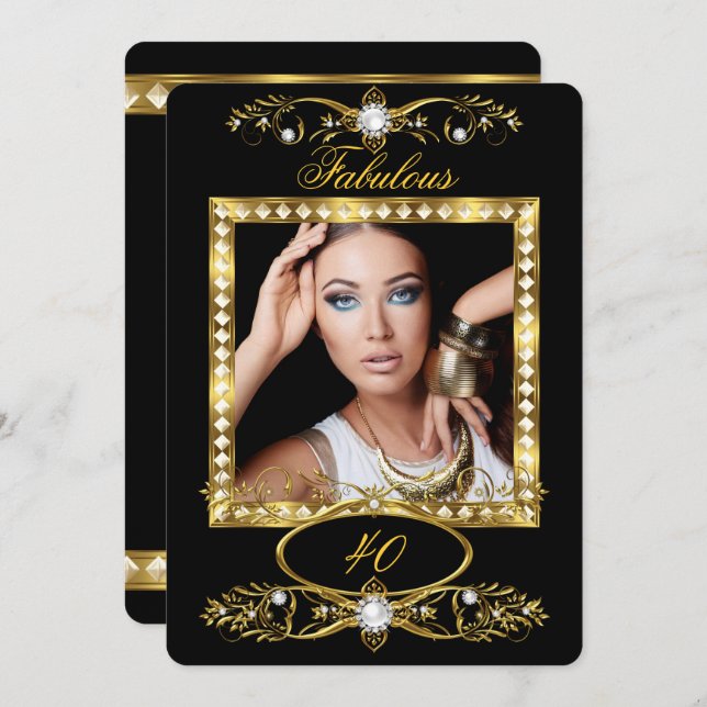 Invitation Fabuleux fête d'anniversaire Pearl Black Gold Phot (Devant / Derrière)