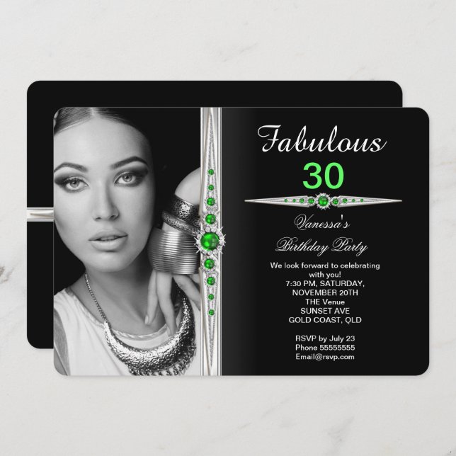 Invitation Fabuleux Photo Anniversaire Fête Lime Vert Noir 2 (Devant / Derrière)