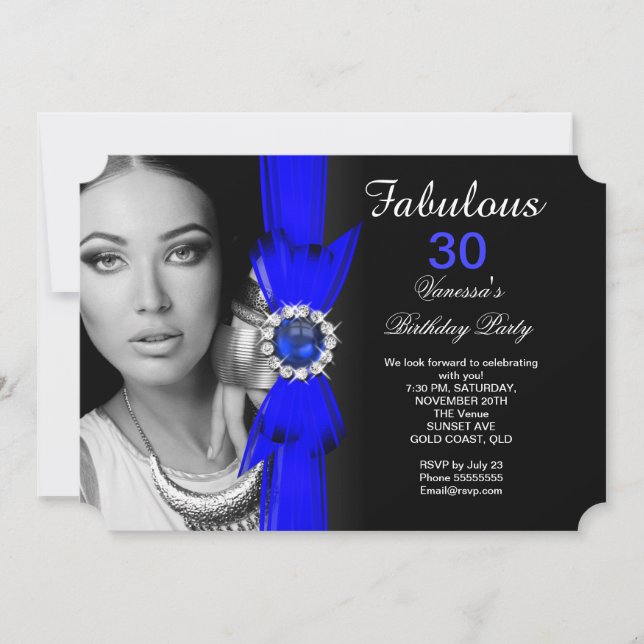 Invitation Fabuleux Photo fête d'anniversaire Royal Blue Blac (Devant)