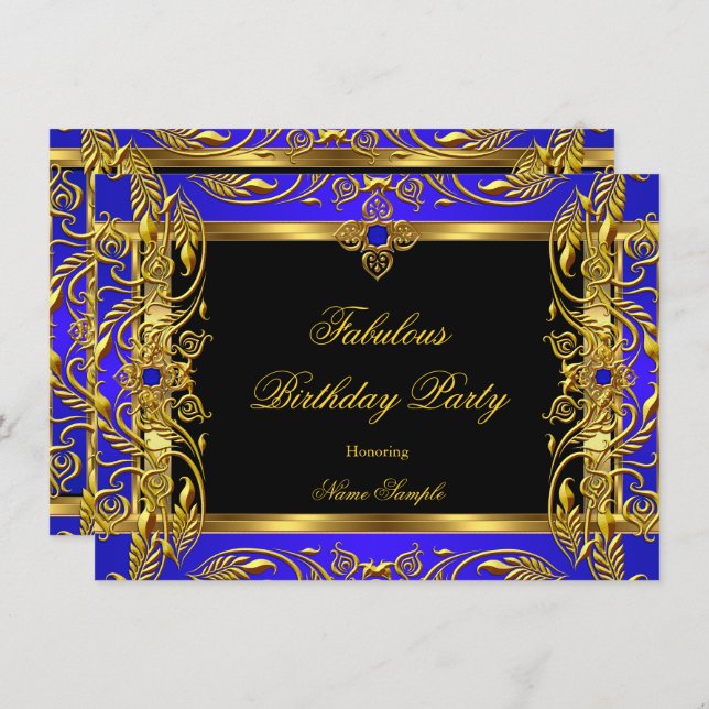 Invitation Fabuleux Royal Blue Black Gold fête d'anniversaire (Devant / Derrière)