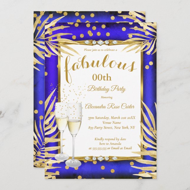 Invitation Fabuleux Royal Blue Gold Palms Champagne Party (Devant / Derrière)
