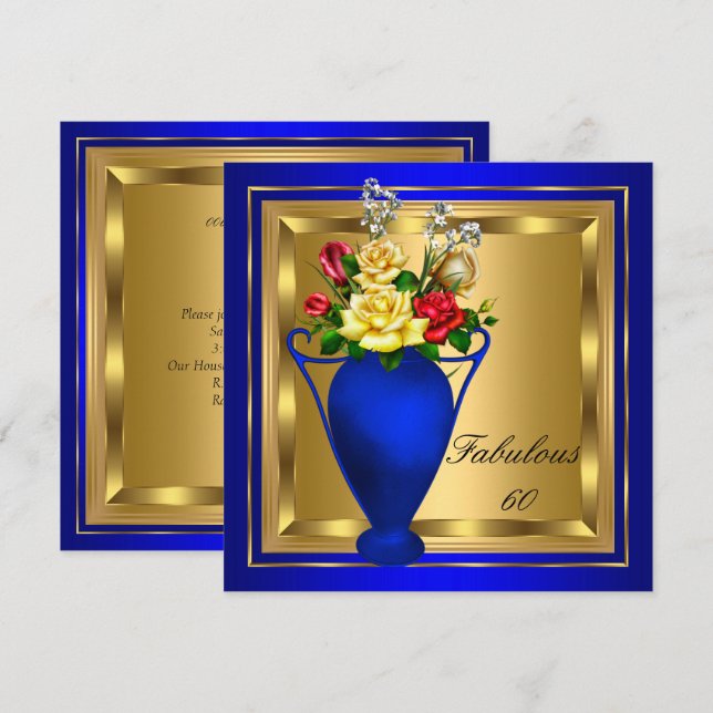 Invitation Fabuleux Royal Blue Gold Red Roses Elite Anniversa (Devant / Derrière)