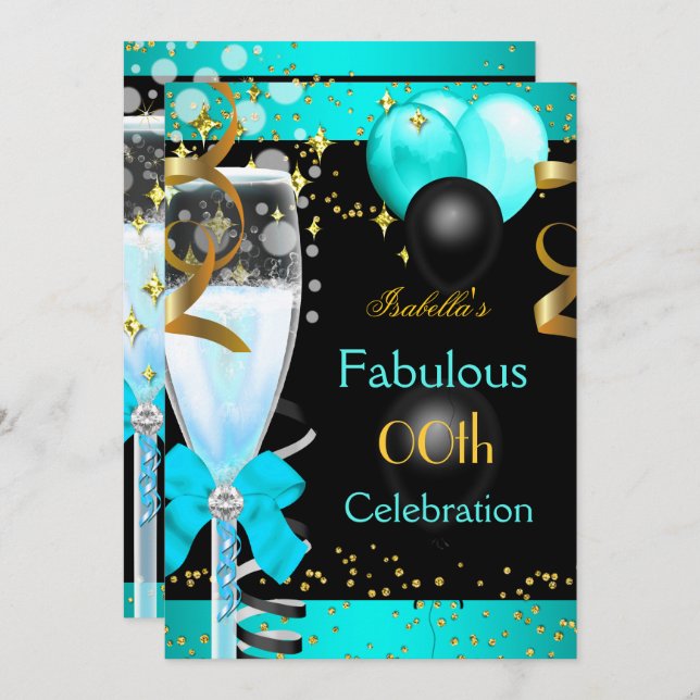Invitation Fabuleux Turquoise Blue Champagne Gold fête d'anni (Devant / Derrière)