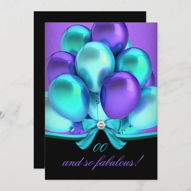 Invitation Fabuleux Turquoise violet ballons Noir Anniversair (Devant / Derrière)