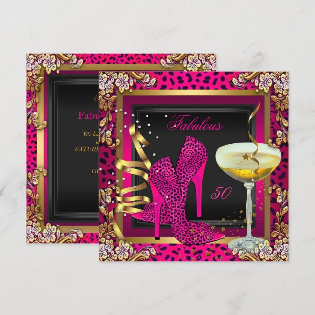 Invitation Fabulos 50 Anniversaire Léopard Rose Cerise (Devant / Derrière)