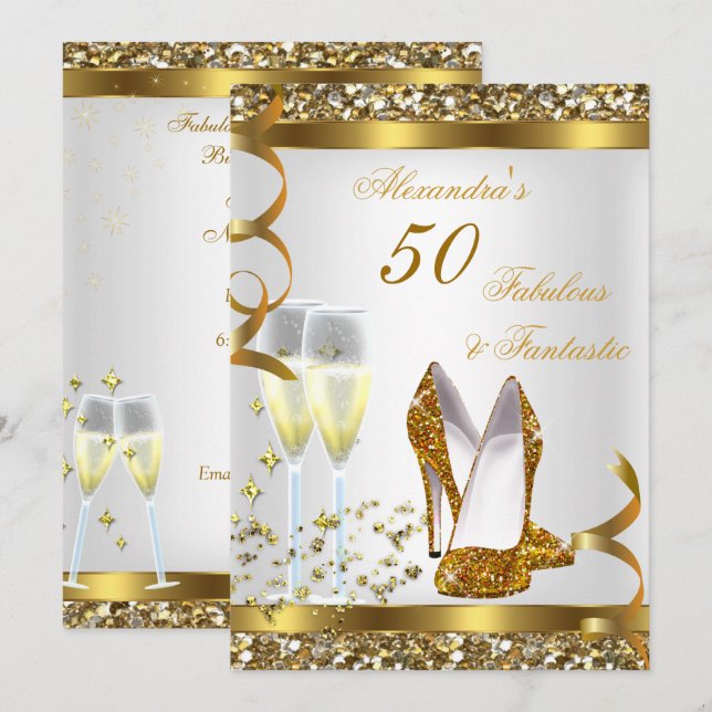 Invitation Fabulos 50 Merveilleux Talons Dorés Fête d'Anniver (Devant / Derrière)