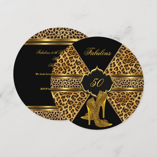 Invitation Fabulos 50 Or Noir Léopard Talons Hauts Anniversai (Devant / Derrière)