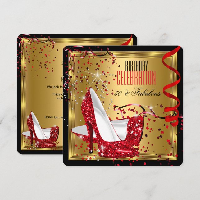 Invitation Fabulos 50 Talons Rouges Fête d'Anniversaire en Or (Devant / Derrière)