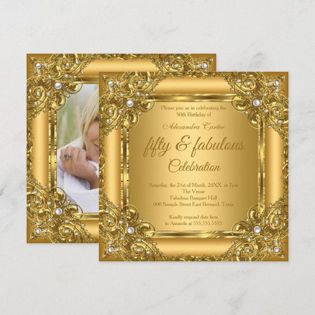 Invitation Fabulos 50e Photo Or sur Perle de Fête (Devant / Derrière)