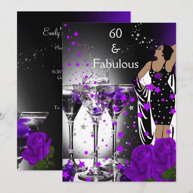 Invitation Fabulos 60 60e Anniversaire Roses Violettes Martin (Devant / Derrière)
