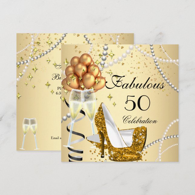 Invitation Fabulos Talons Crème Or Champagne Anniversaire 50  (Devant / Derrière)