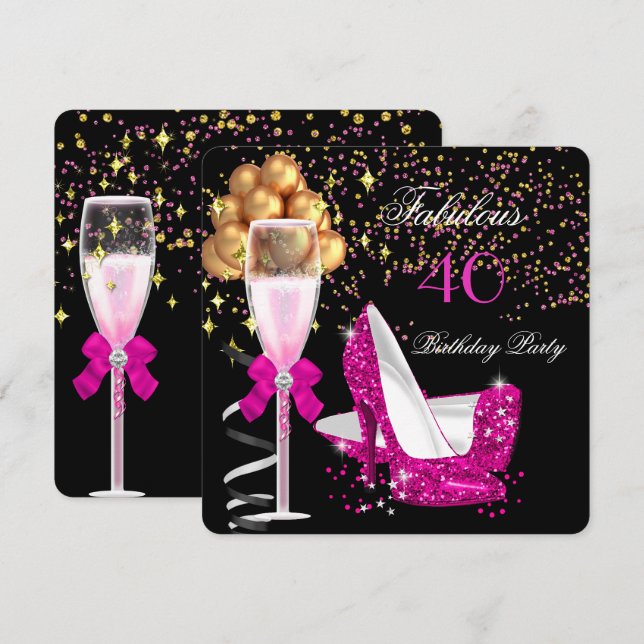 Invitation Fabulos Talons Rose Chaud Or Noir Fête d'Anniversa (Devant / Derrière)