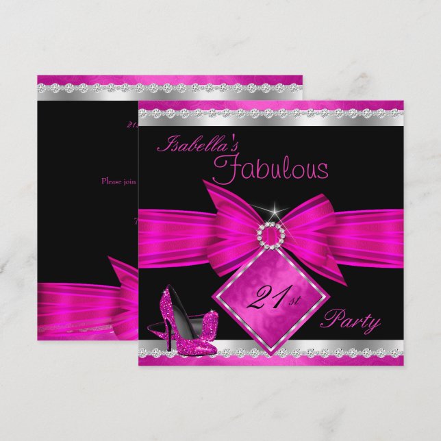 Invitation Fabulosa Fête d'anniversaire Rose Chaud Noir Argen (Devant / Derrière)