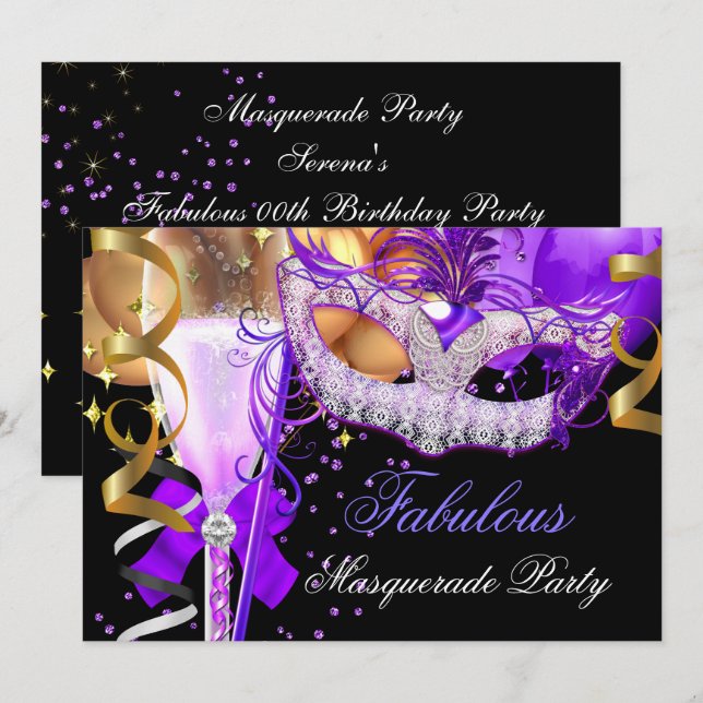 Invitation Fabulose Fête de Mascarade Violet Or Noir 3 (Devant / Derrière)