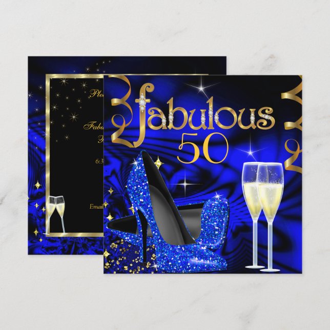 Invitation Fabulosité 50 Party Abstrait Talons Hauts Bleus Or (Devant / Derrière)