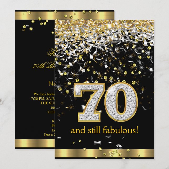 Invitation Fabulosité 70 ans Streamers Or Argent Anniversaire (Devant / Derrière)