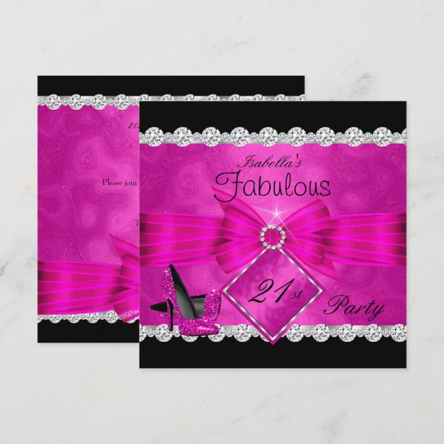 Invitation Fabulosus 21 Chaud Rose Noir Argent Fête d'anniver (Devant / Derrière)