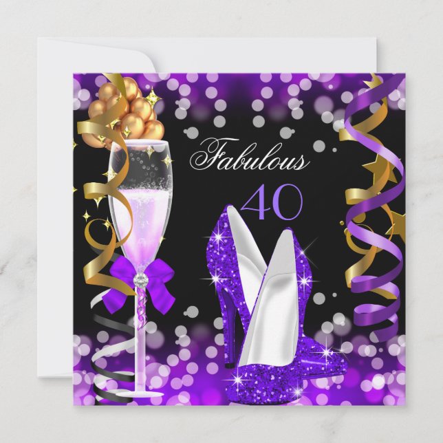Invitation Fabulosus 40 Violet Noir Or Bulles Fête (Devant)