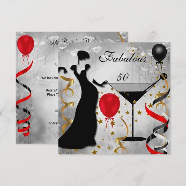 Invitation Fabulosus 50 50e Anniversaire Deco Dame Rouge (Devant / Derrière)
