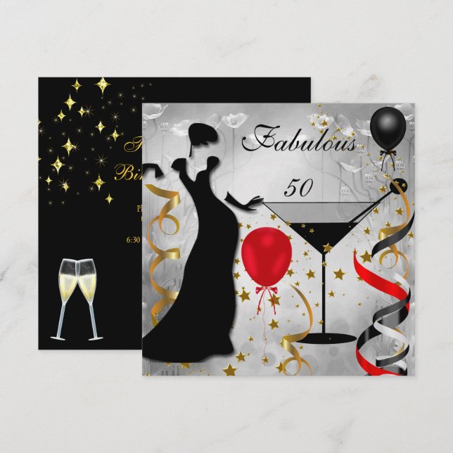 Invitation Fabulosus 50 50e Anniversaire Deco Dame Rouge 2 (Devant / Derrière)