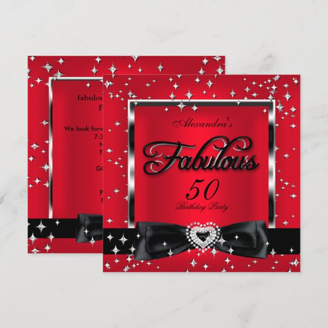 Invitation Fabulosus 50 Fête Étoiles Rouge Argent Noir (Devant / Derrière)