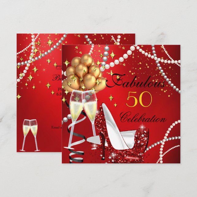 Invitation Fabulosus 50 Red Heels Champagne Fête d'anniversai (Devant / Derrière)