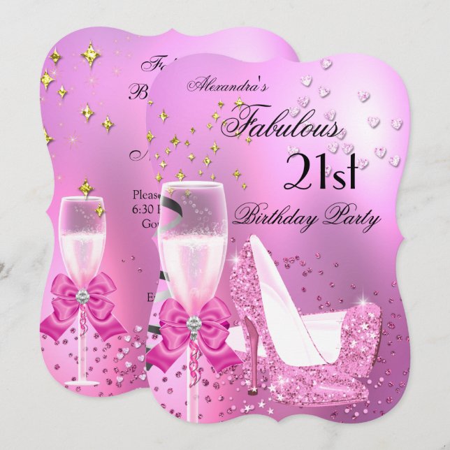 Invitation Fabulous 21e Anniversaire Shimmer Rose Clair Talon (Devant / Derrière)