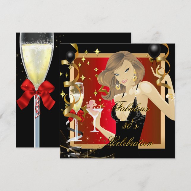 Invitation Fabulous 30 Anniversaire Fête Rouge Or Noir (Devant / Derrière)