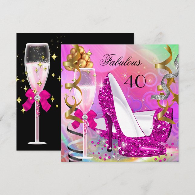 Invitation Fabulous 40 Anniversaire Fête Rose Chaud Paillette (Devant / Derrière)