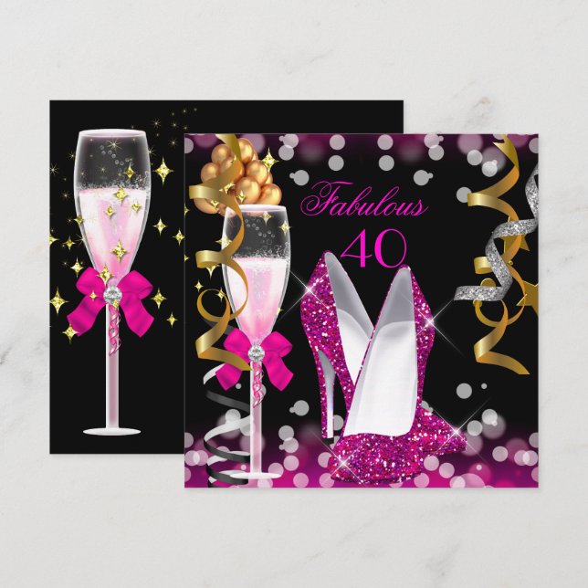 Invitation Fabulous 40 Rose Chaud Or Noir Bulles Fête (Devant / Derrière)