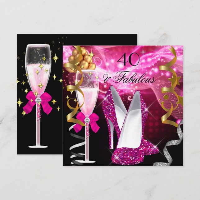 Invitation Fabulous 40 Talons à paillettes rose chaud pour fê (Devant / Derrière)