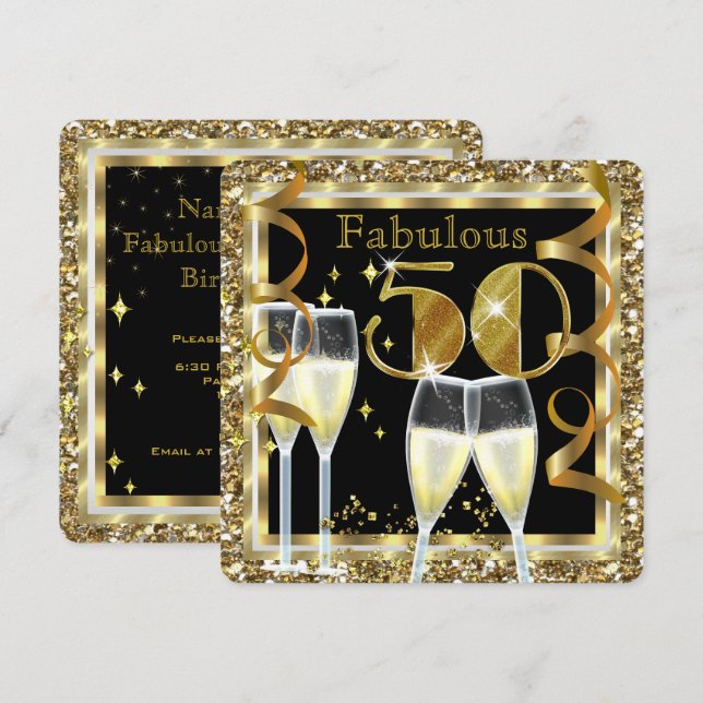 Invitation Fabulous 50 Anniversaire Champagne Blanc Or (Devant / Derrière)