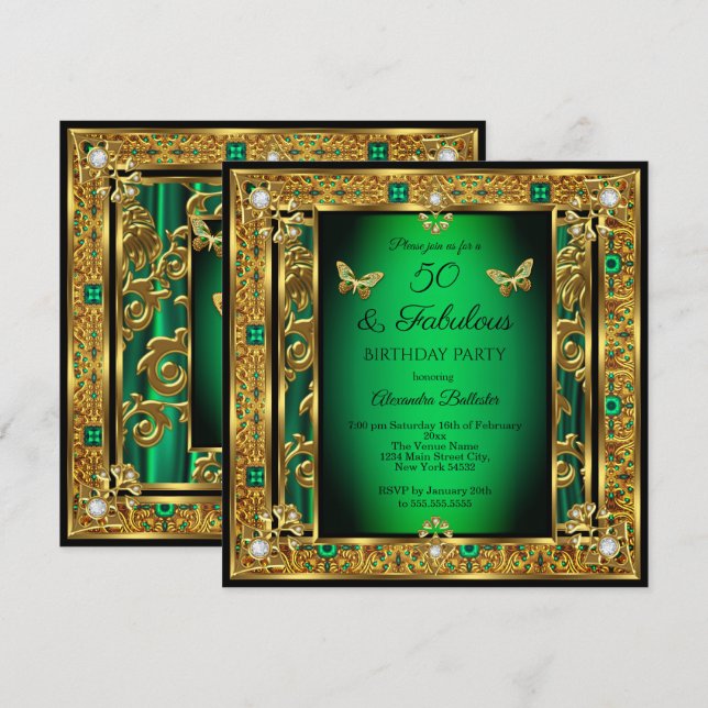 Invitation Fabulous 50 Anniversaire Émeraude Vert Papillon Or (Devant / Derrière)