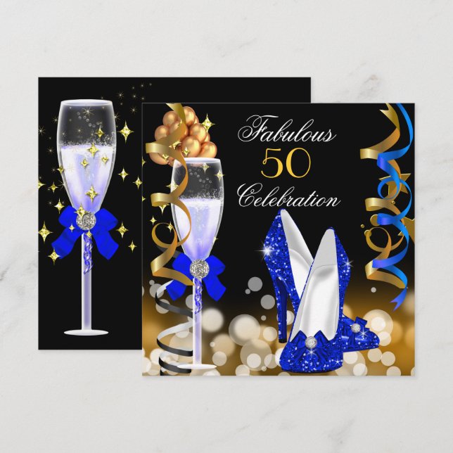 Invitation Fabulous 50 Anniversaire Royal Bleu Noir Or (Devant / Derrière)