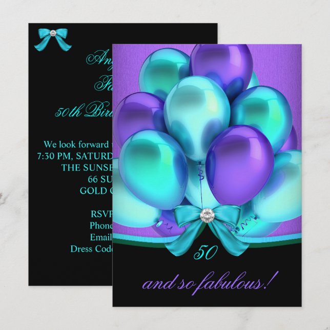 Invitation Fabulous 50 Anniversaire Turquoise Violet Noir 2 (Devant / Derrière)
