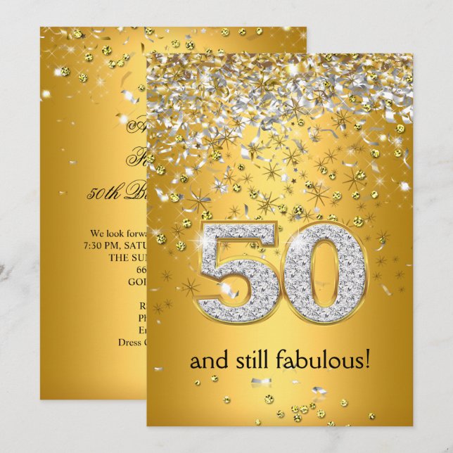 Invitation Fabulous 50 ans rubans dorés argentés 50e annivers (Devant / Derrière)