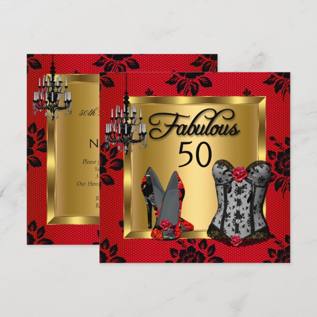 Invitation Fabulous 50 ans Talons Rouges Noirs Fête d'Anniver (Devant / Derrière)