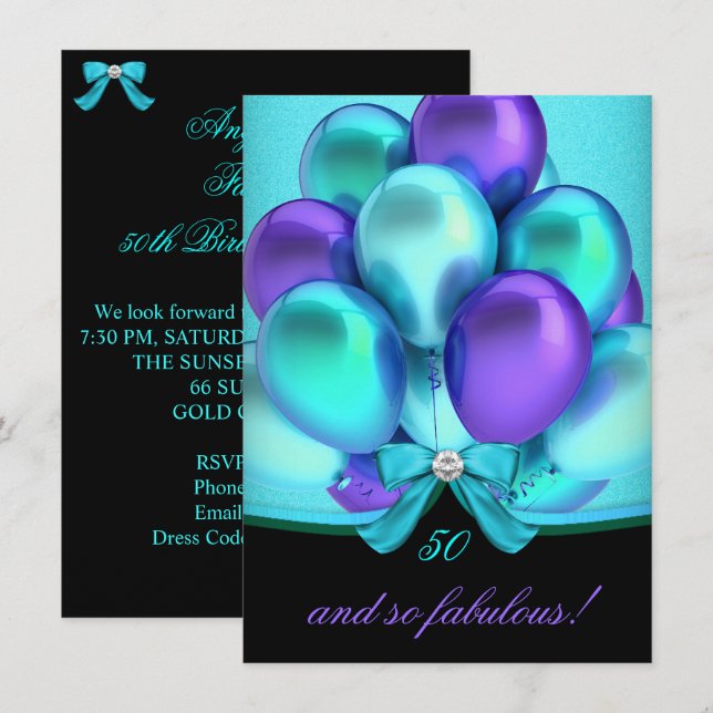 Invitation Fabulous 50 Ballons de fête sarcelle violet noir (Devant / Derrière)